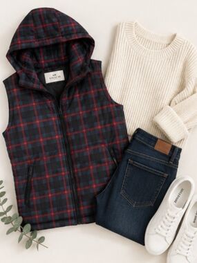 Coach Plaid Hooded Puffer Vest in Navy and Red